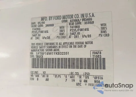 2000 Ford F-150 Work Series/Xl/Xlt z USA, uszkodzony, nr VIN 1FTRF18W1YKB32351